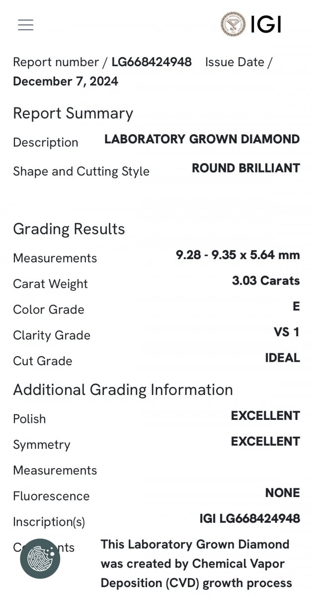 Lab-Grown Solitair ring 3.03 crt